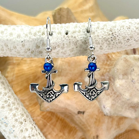 Custom Sterling Silver Anchor Dangle Earrings with Blue Micropearls